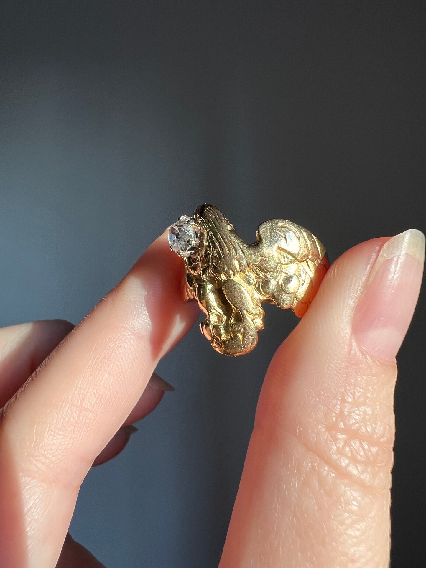 EAGLE French ANTIQUE Art Nouveau .45 Carat Old Mine Cut DIAMOND Heavy 12.4g 18k Gold Ring Courage Strength Figural Animal Romantic Gift OmC