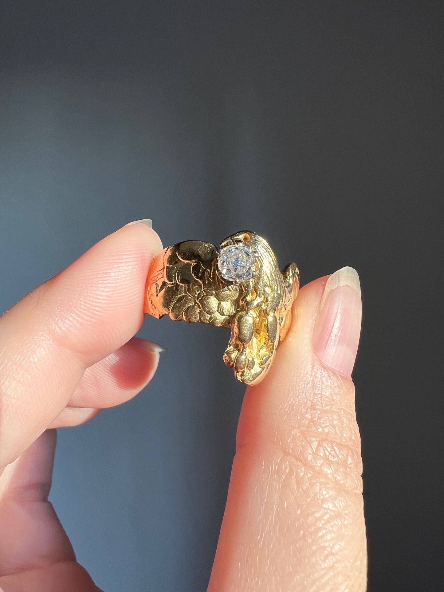 EAGLE French ANTIQUE Art Nouveau .45 Carat Old Mine Cut DIAMOND Heavy 12.4g 18k Gold Ring Courage Strength Figural Animal Romantic Gift OmC