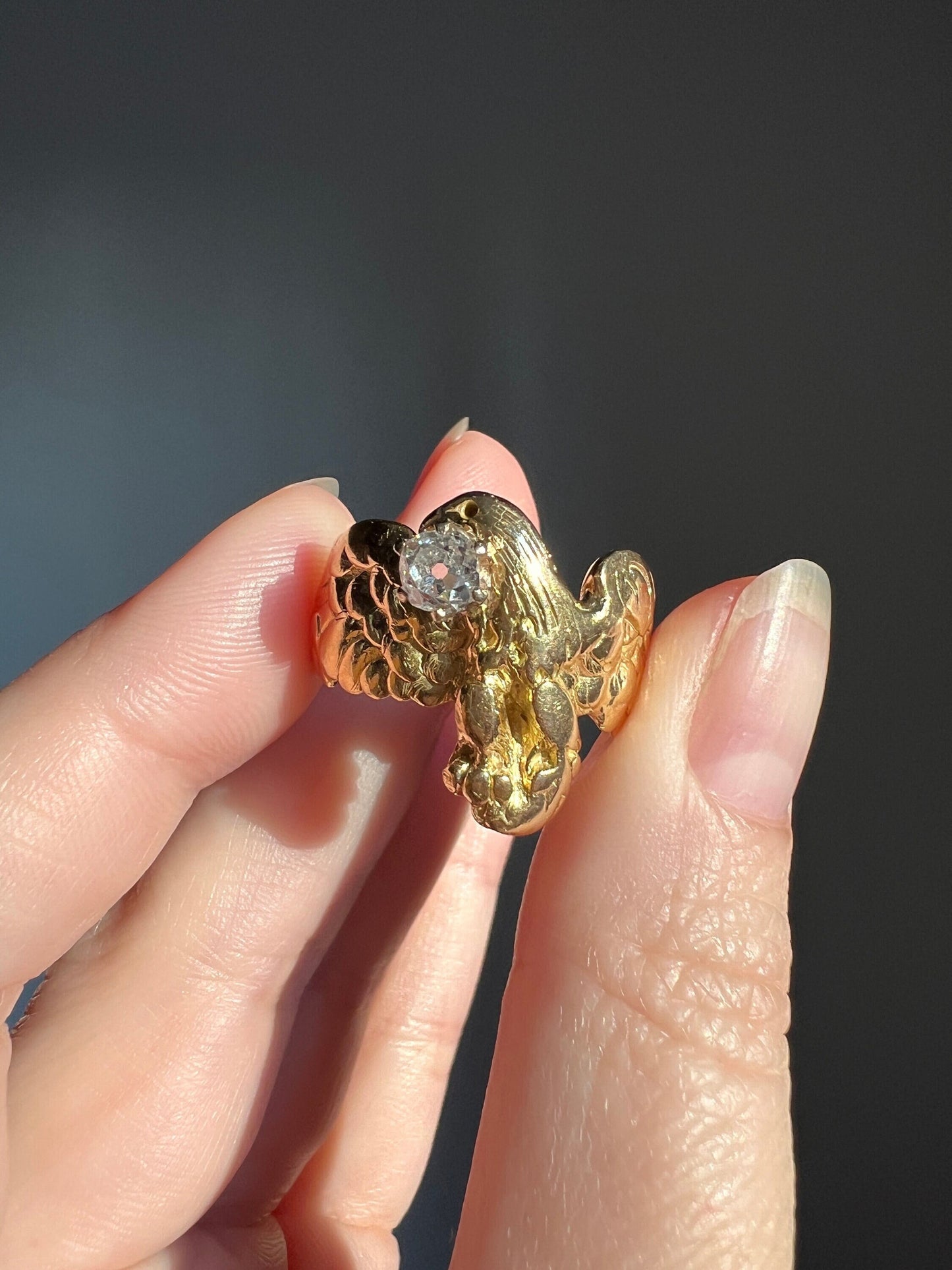 EAGLE French ANTIQUE Art Nouveau .45 Carat Old Mine Cut DIAMOND Heavy 12.4g 18k Gold Ring Courage Strength Figural Animal Romantic Gift OmC