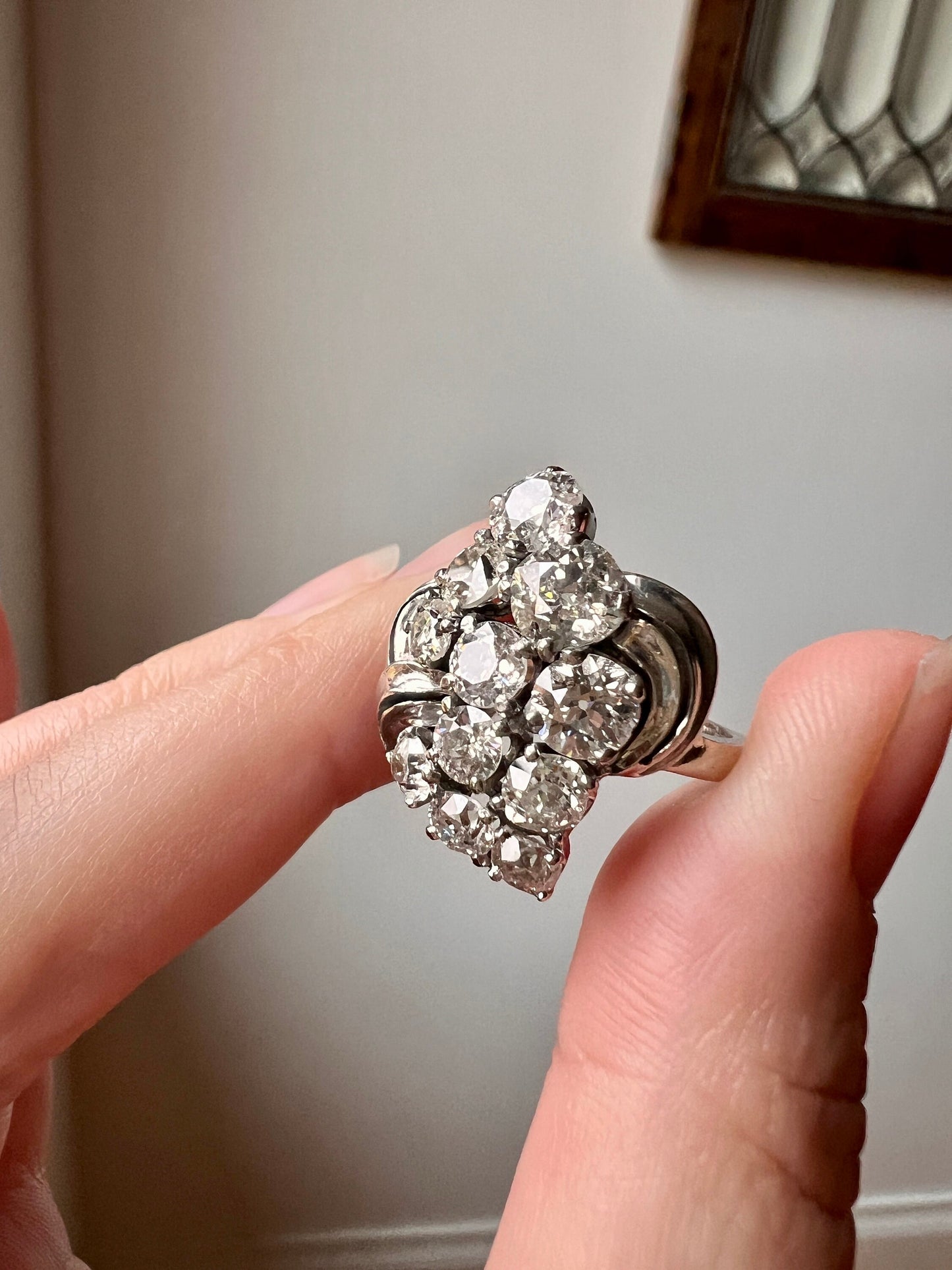 CHUNKY Retro 3.1 Carats Old European & Old Mine Cut DIAMOND Cluster Ring 7.5g 18k White GOLD Swirl Shoulders Vintage Antique Art Deco 3.1Ctw