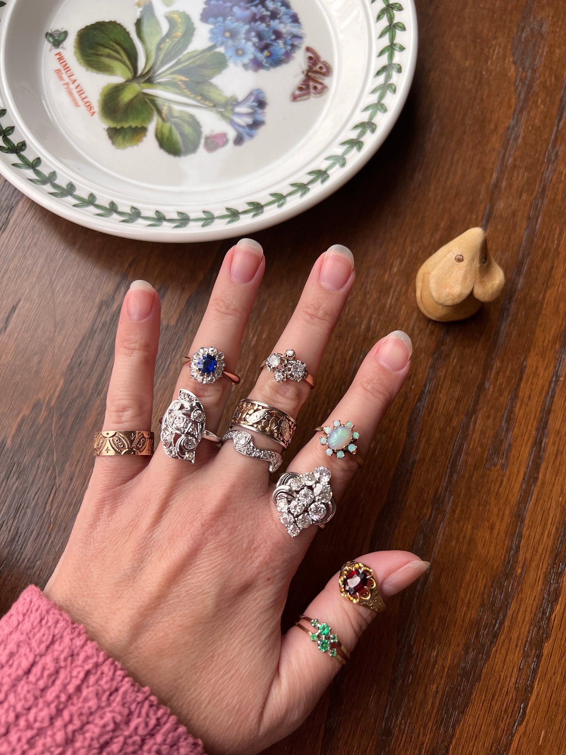 French ANTIQUE 18k Rose Gold Green Paste Faux Emerald Double Band Ring Stacker Romantic Gift Six Stone Linear Victorian Belle Epoque