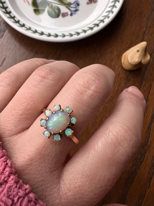 Blue OPAL w/ Halo Vintage to Art Deco Cluster Ring 14k Gold Glowing Orb Iridescent Green Pink Bauble Great Color Sheen Romantic Gift Stacker