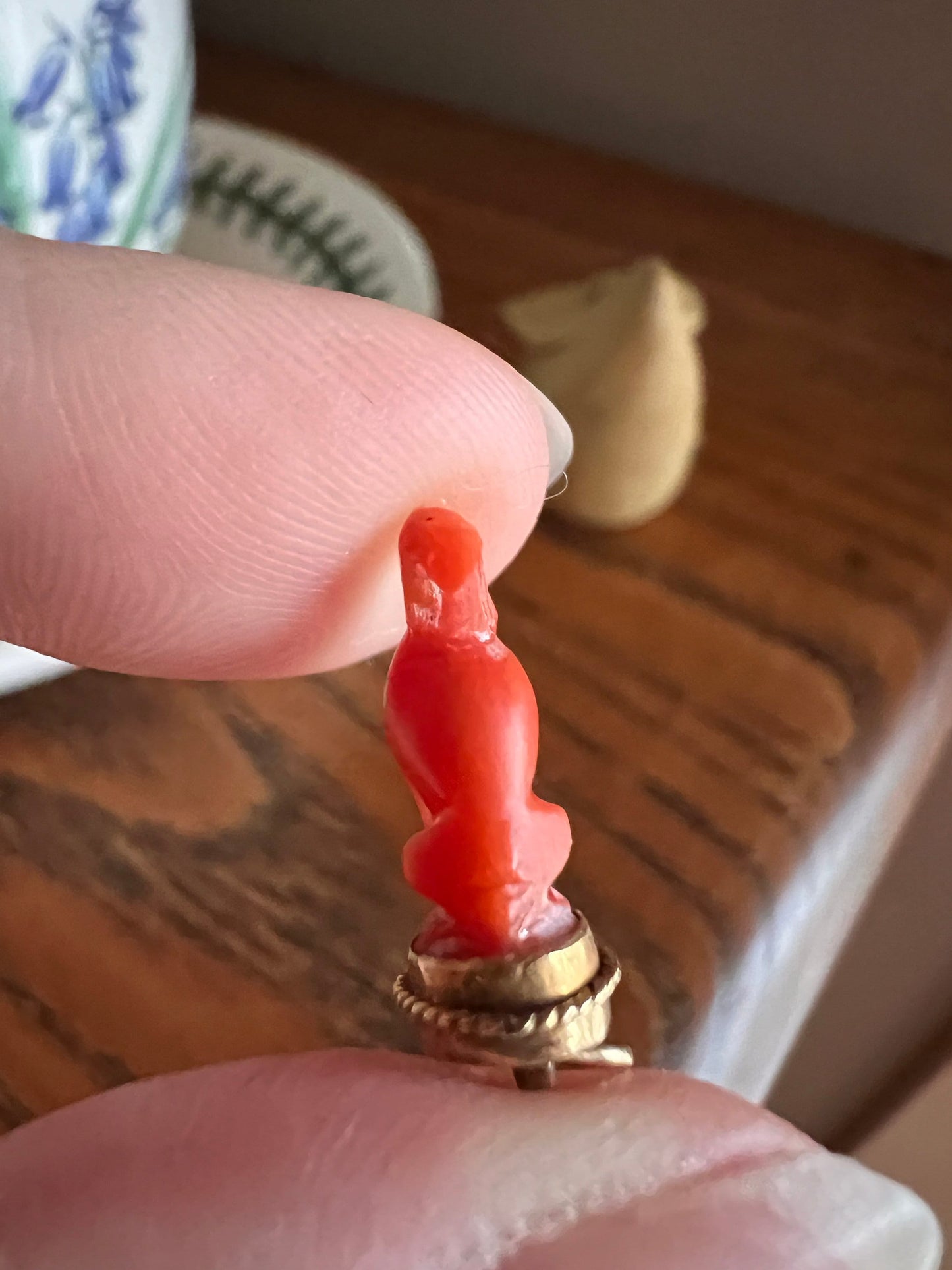 DOG Teeny Tiny French Antique Coral Charm Pendant Victorian 18k Gold Salmon Orange Faithful Hunting Hound Oaak Gift One of a Kind Figural