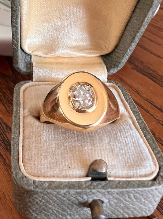 Antique .85 Carat Old Mine Cut DiAMOND Ring 10.7g 18k GOLD French Signet Solitaire Chunky Gift Stacker OMC Unisex Man Ring 0.85Ct Heavy Oval