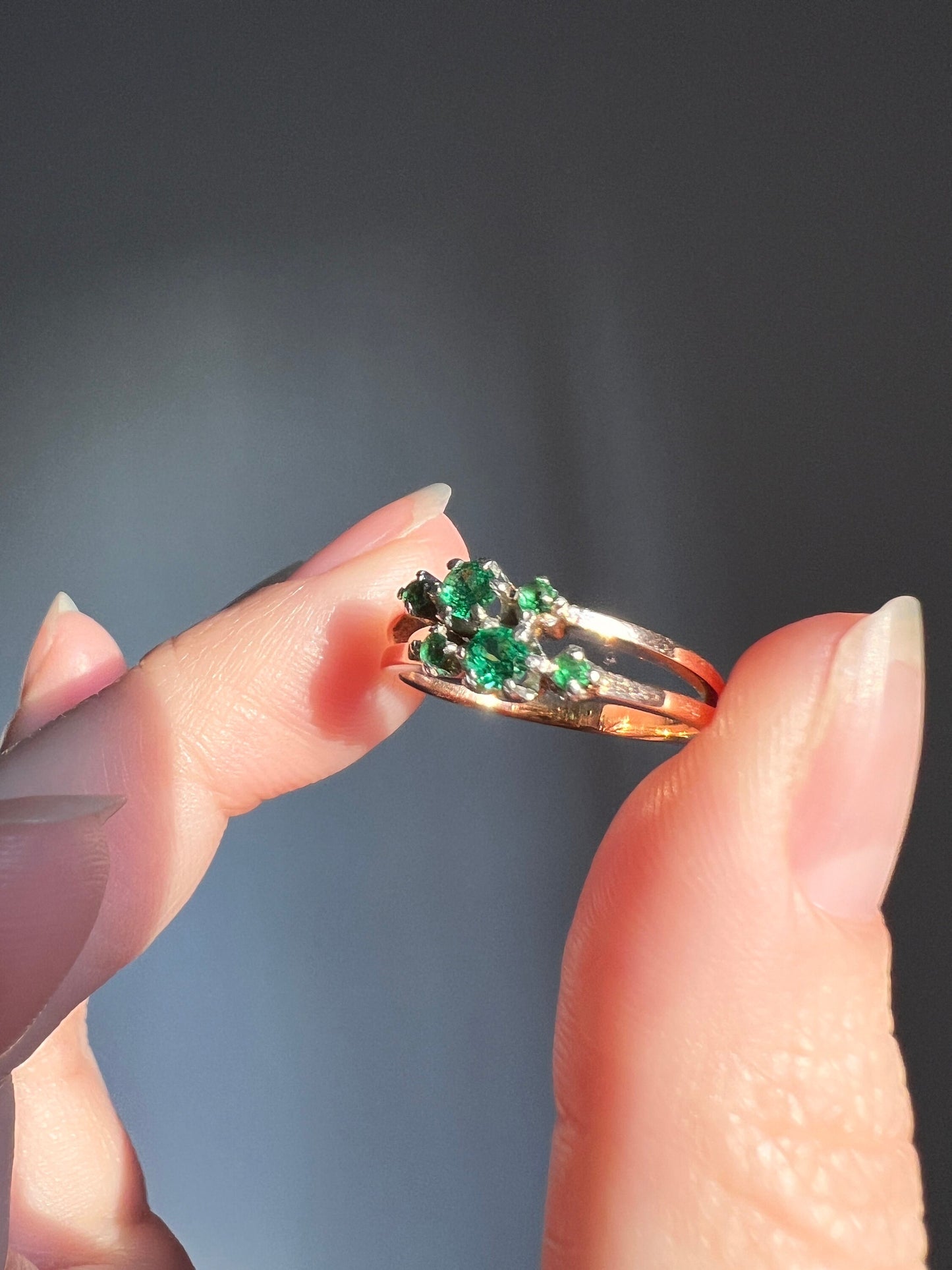 French ANTIQUE 18k Rose Gold Green Paste Faux Emerald Double Band Ring Stacker Romantic Gift Six Stone Linear Victorian Belle Epoque