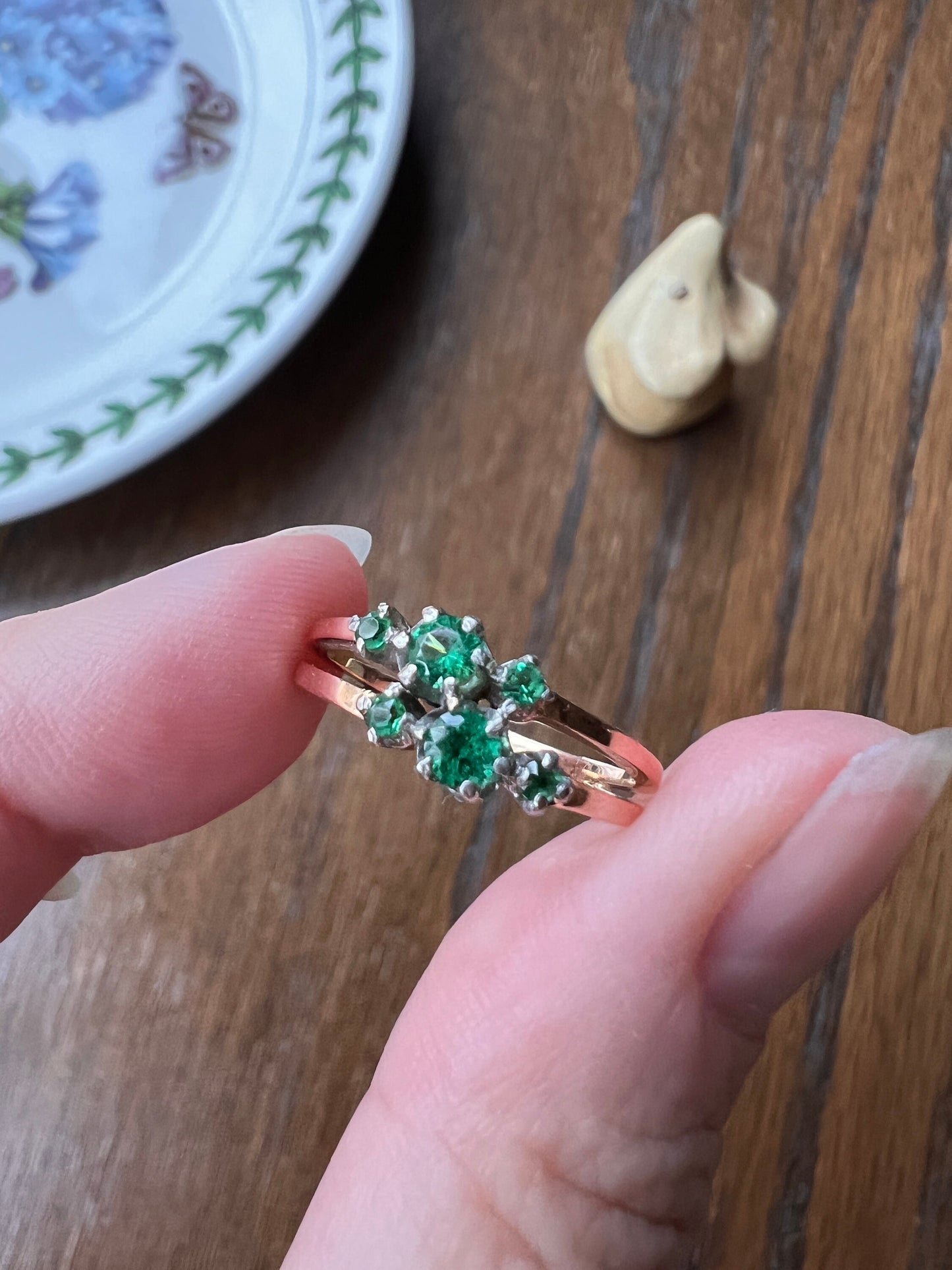 French ANTIQUE 18k Rose Gold Green Paste Faux Emerald Double Band Ring Stacker Romantic Gift Six Stone Linear Victorian Belle Epoque