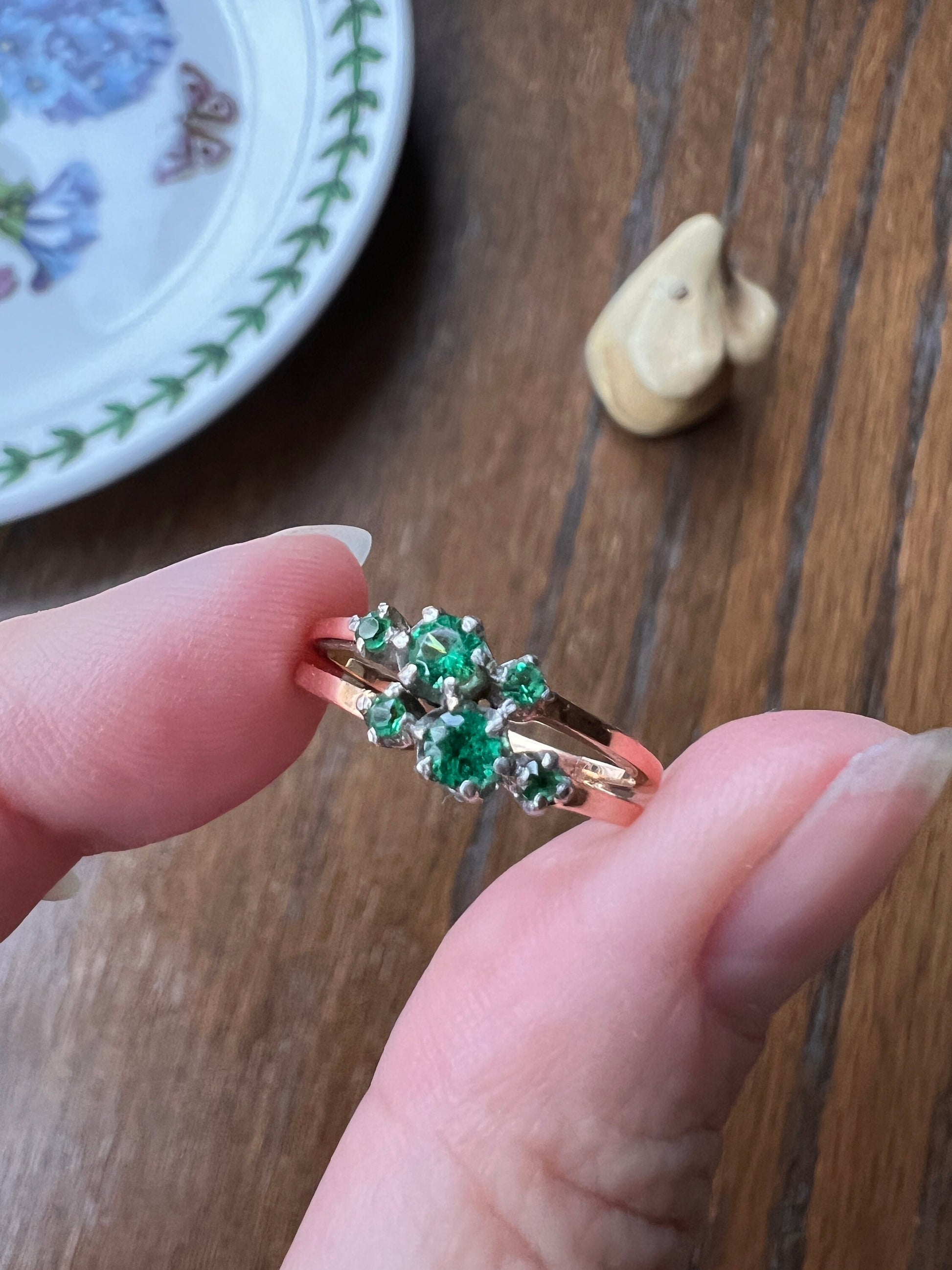 French ANTIQUE 18k Rose Gold Green Paste Faux Emerald Double Band Ring Stacker Romantic Gift Six Stone Linear Victorian Belle Epoque