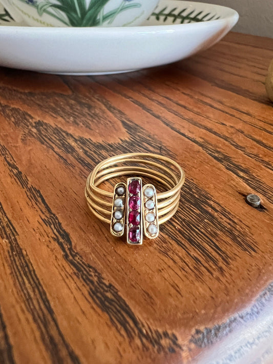 Antique Natural RUBY Pearl Triple Linear Movable SLIDE Ring Unique Harem MULTI Band Victorian French 18k Gold Spinner Art Nouveau Geometric