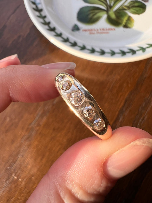 Antique CHAMPAGNE Old Mine Cut Diamond Five Stone Chunky Gypsy Band .4 Carat Stacker 4.4g 14k Gold Unisex Man or Woman Ring Geometric Linear