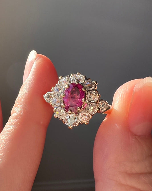 French Antique Natural RUBY 1 1/4 Carat Old Mine Cut DIAMOND Daisy Cluster Halo Ring 18k Gold Pink Red Belle Epoque Romantic Gift 1.25Ct OMC