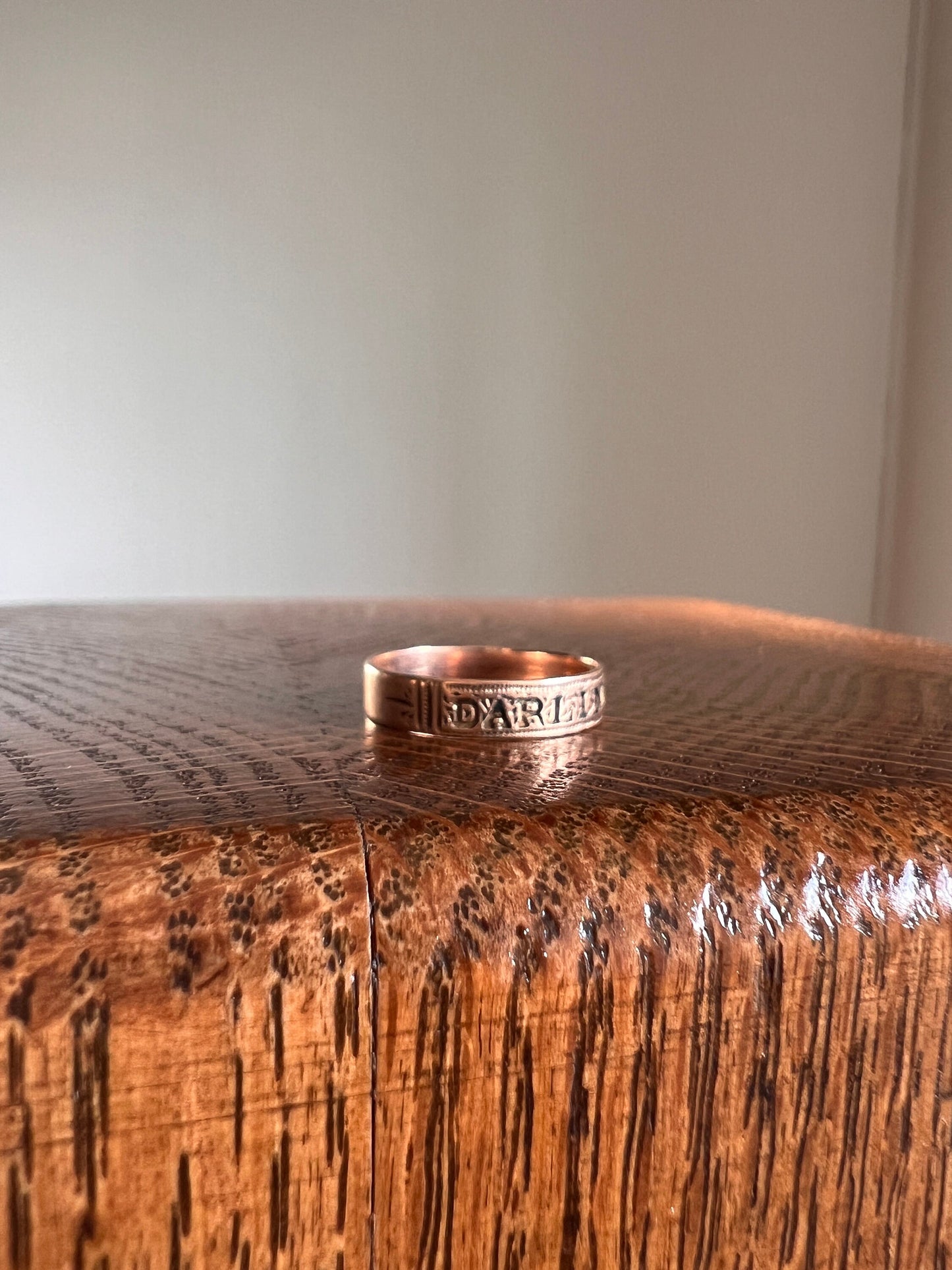 Antique " DARLING " Skinny Band VICTORIAN Ring 10k Rose Gold Enamel Cigar Band Stacker Romantic Gift Hard to Find Minimalist Pinky Midi Rare