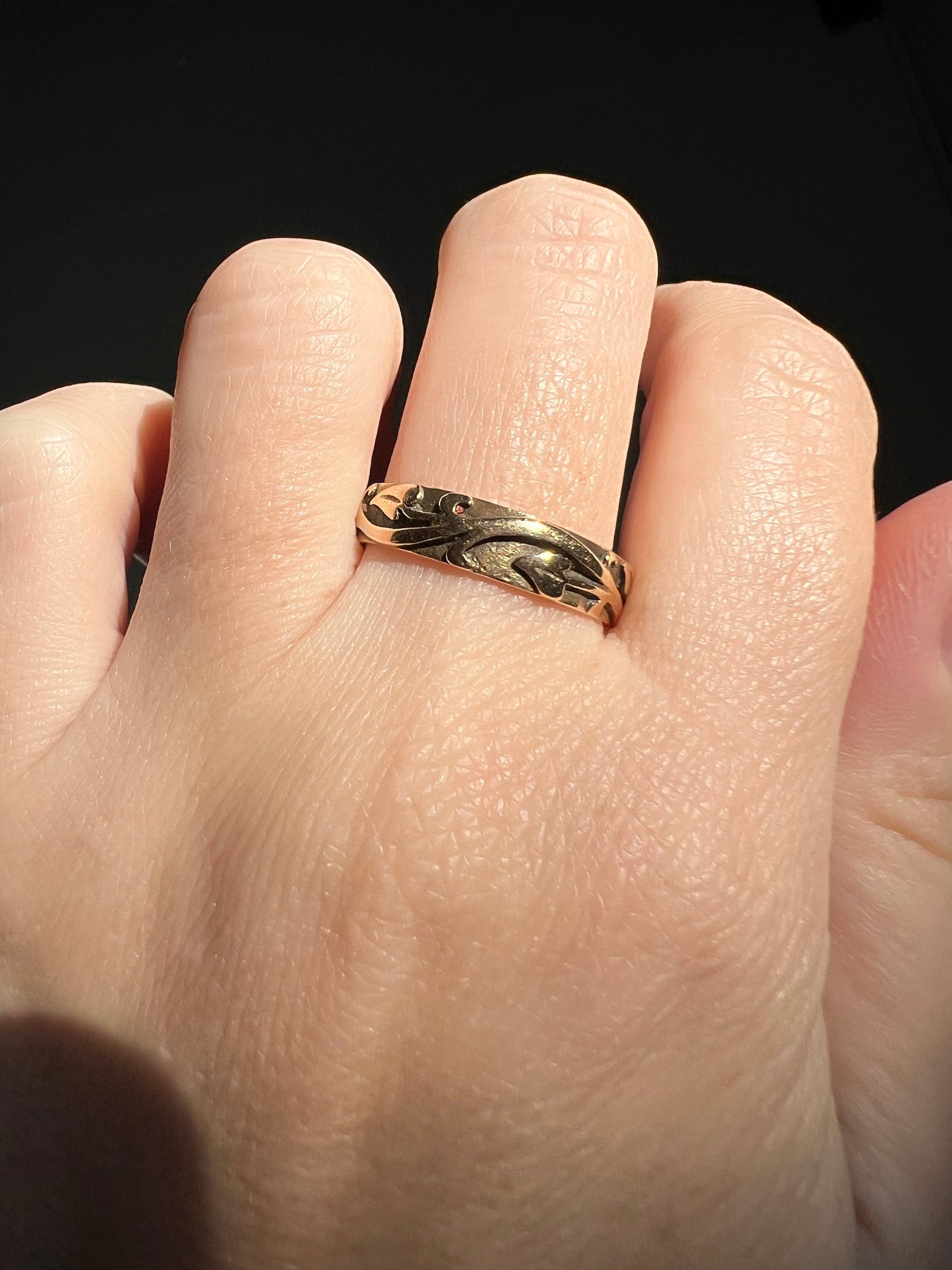 LEAVES Vine Deeply Engraved Figural Skinny Band Stacker Ring 14k Gold Romantic Gift Geometric Minimalist Leaf Tree Figural High Relief