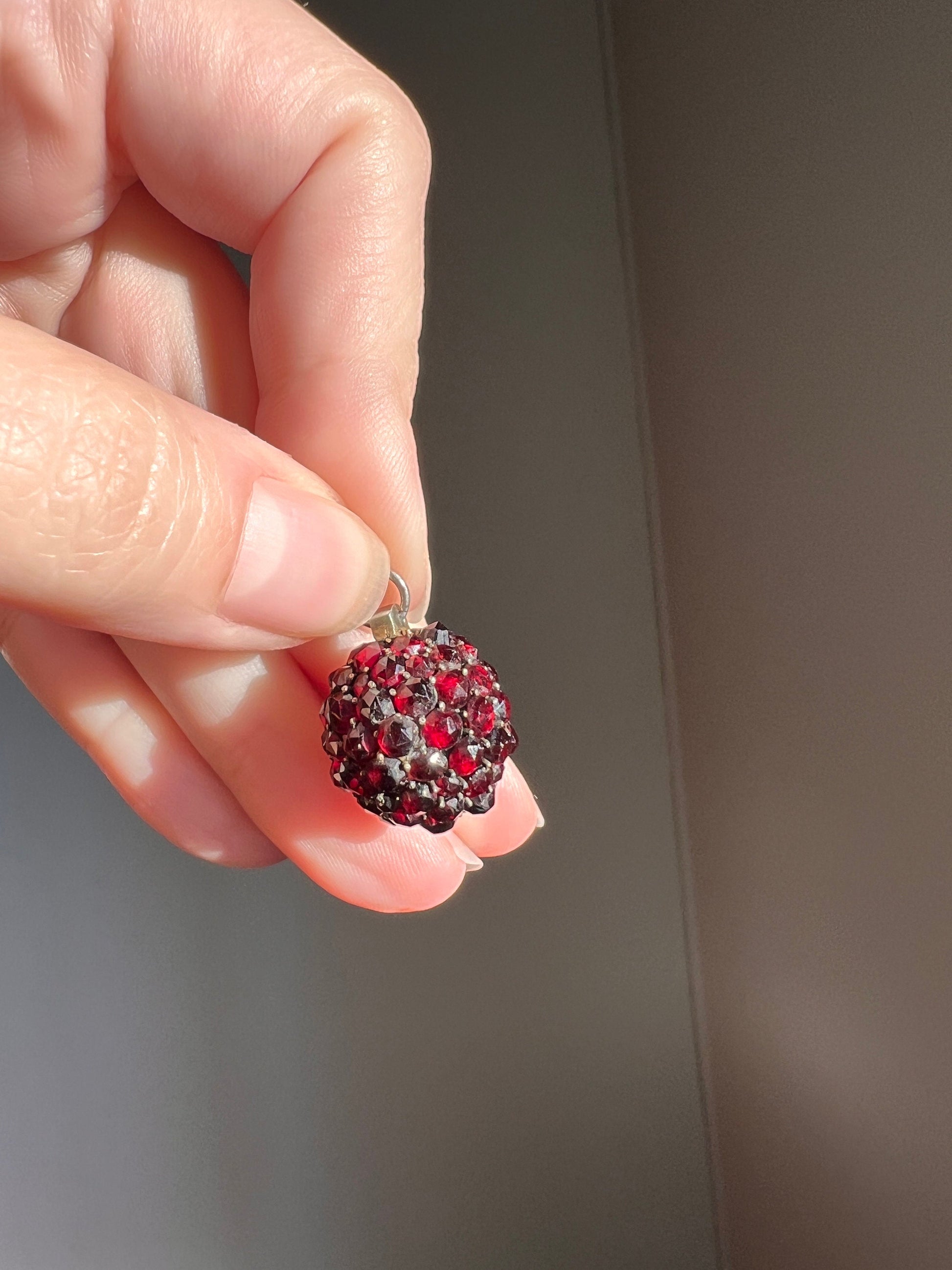 Victorian Antique Rose Cut BOHEMIAN Garnet Disco Ball 3D Sphere Pendant Glowing Crimson Red Silver Cluster Romantic Holiday Christmas Gift