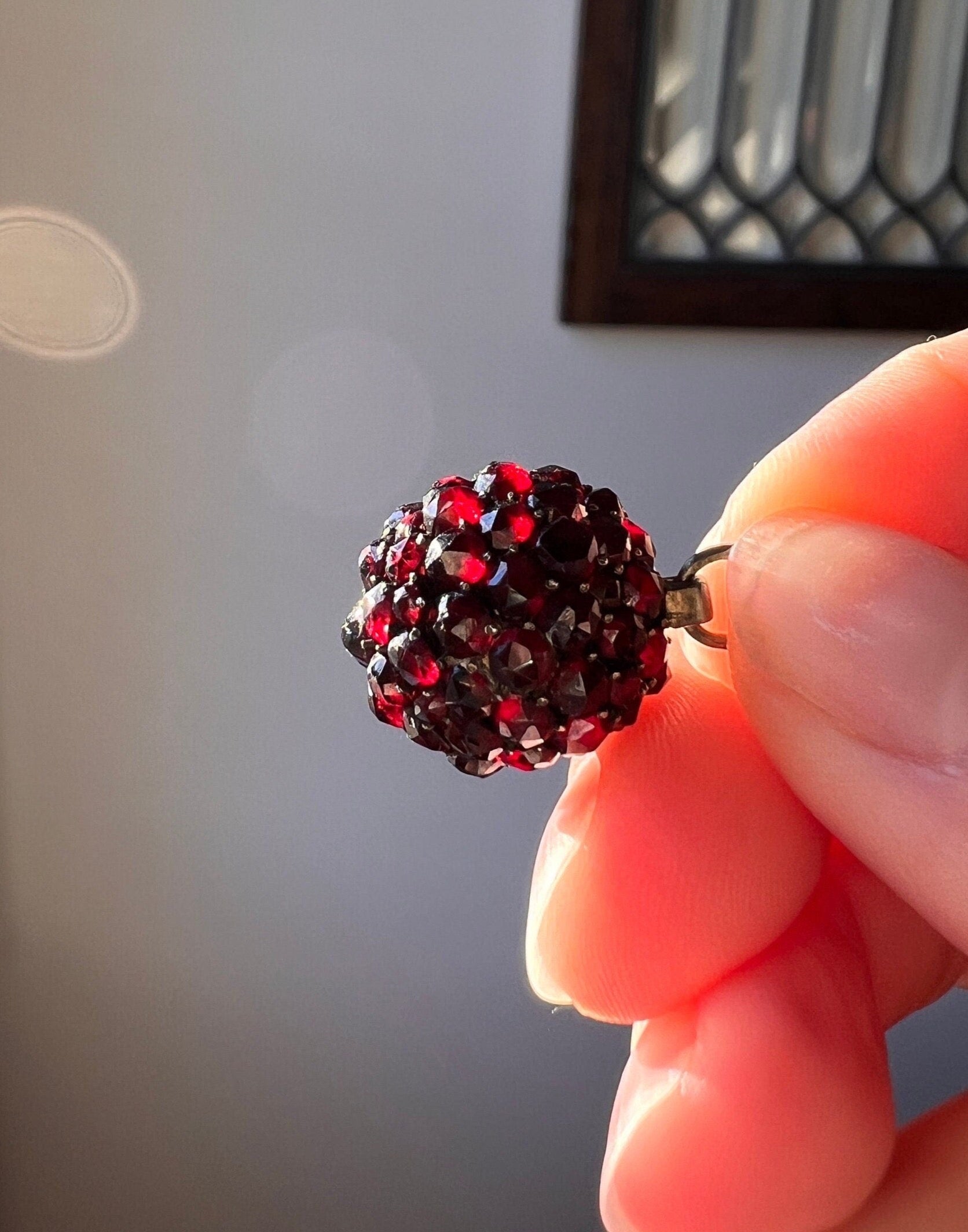 Victorian Antique Rose Cut BOHEMIAN Garnet Disco Ball 3D Sphere Pendant Glowing Crimson Red Silver Cluster Romantic Holiday Christmas Gift