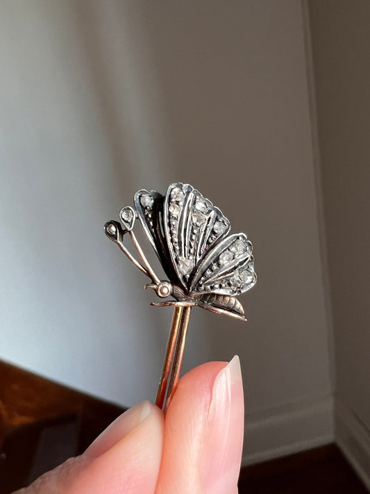 BUTTERFLY French Victorian Antique Rose Cut DIAMOND Safety Pin Large Figural 18k Gold Pendant Charm Holder Extender Connector Original Parts