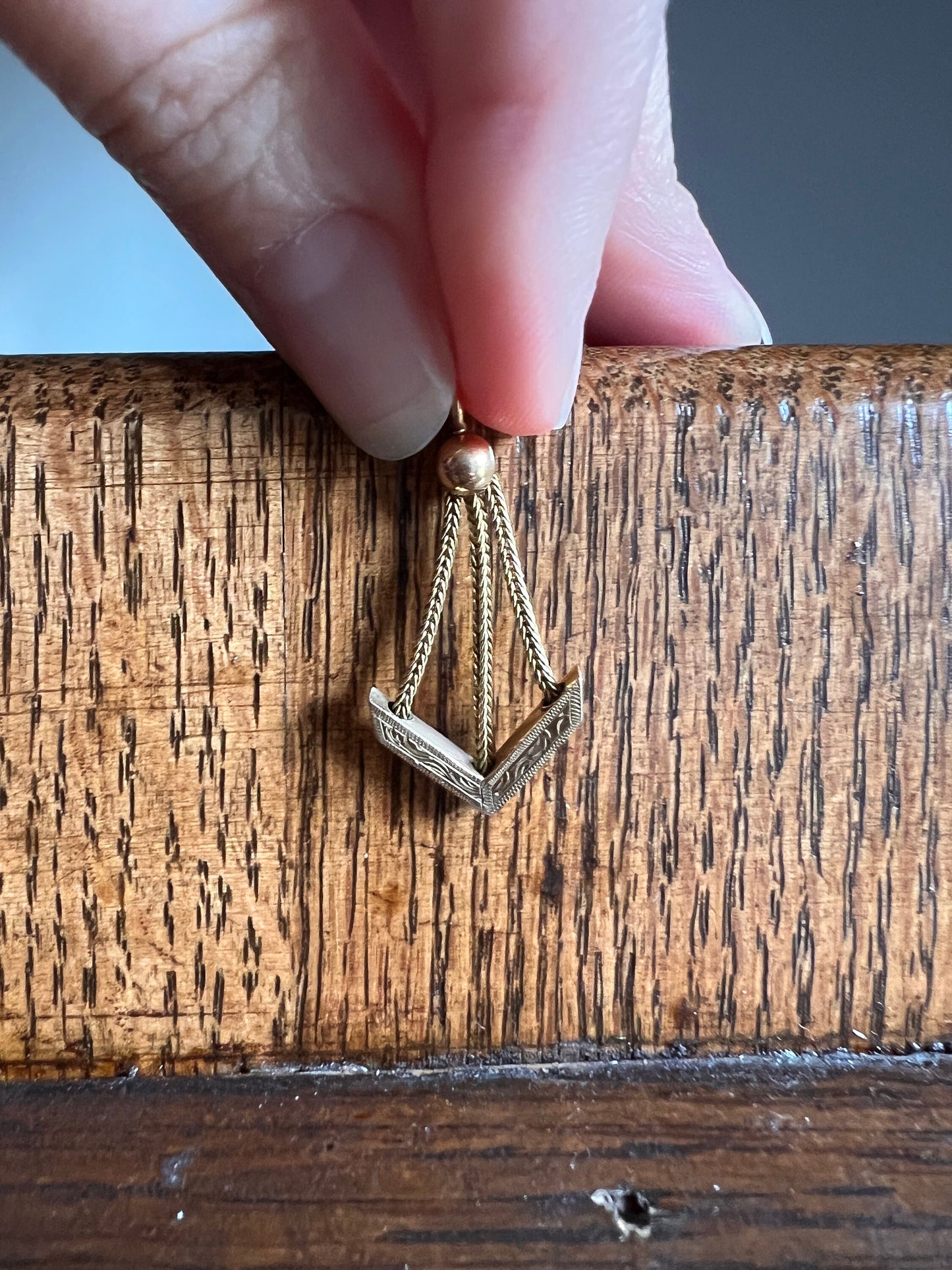 CHEVRON French Victorian Antique Pendant 18k Gold Figural Dangle Drop Engraved Three Chain Movement Watch Chain Slide Ornament Reversible