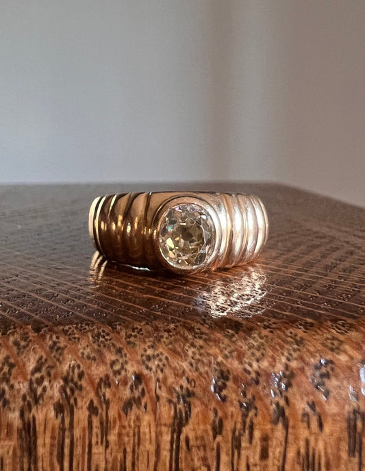 One Carat CHAMPAGNE Old Mine Cut DIAMOND French Antique 18k Gold Gadroon Gypsy Ring Solitaire Engagement Chunky Yellow Heavy A++ Clarity OmC