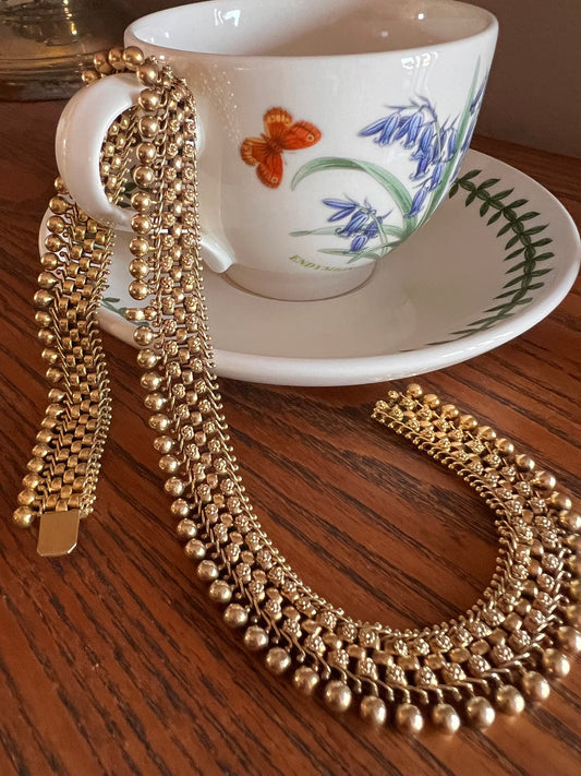 HEAVY Shimmering Floral Ball Rivet French Antique 50g 14k GOLD Solid Chunky Wide Book Chain Choker Collar Necklace 14" Victorian Etruscan