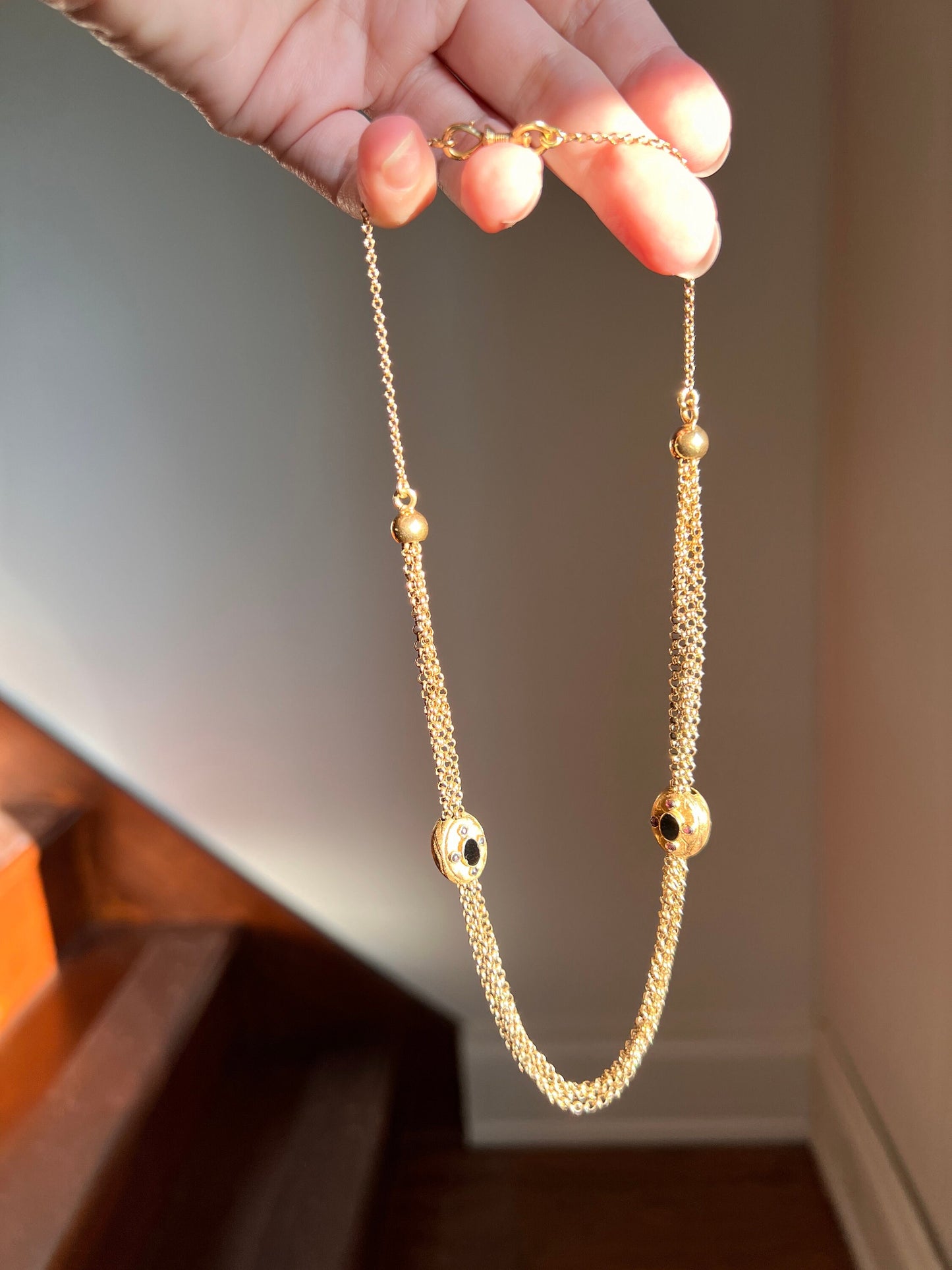French Antique 15g 18k GOLD Multi Strand Watch Chain Choker Necklace Onyx Red Garnet 16" Neckmess Neckstack Victorian Dog Clip Rolo Belcher