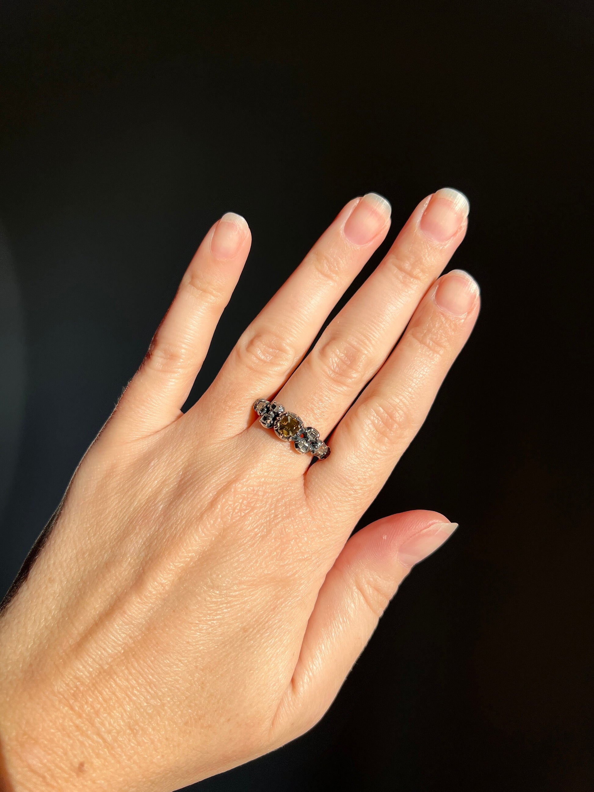 Rare YELLOW & Colorless Old Table Cut DIAMOND Nine Stone Band Antique Georgian Ring 18k Rose Gold Silver Romantic Gift Skinny Stacker Fancy