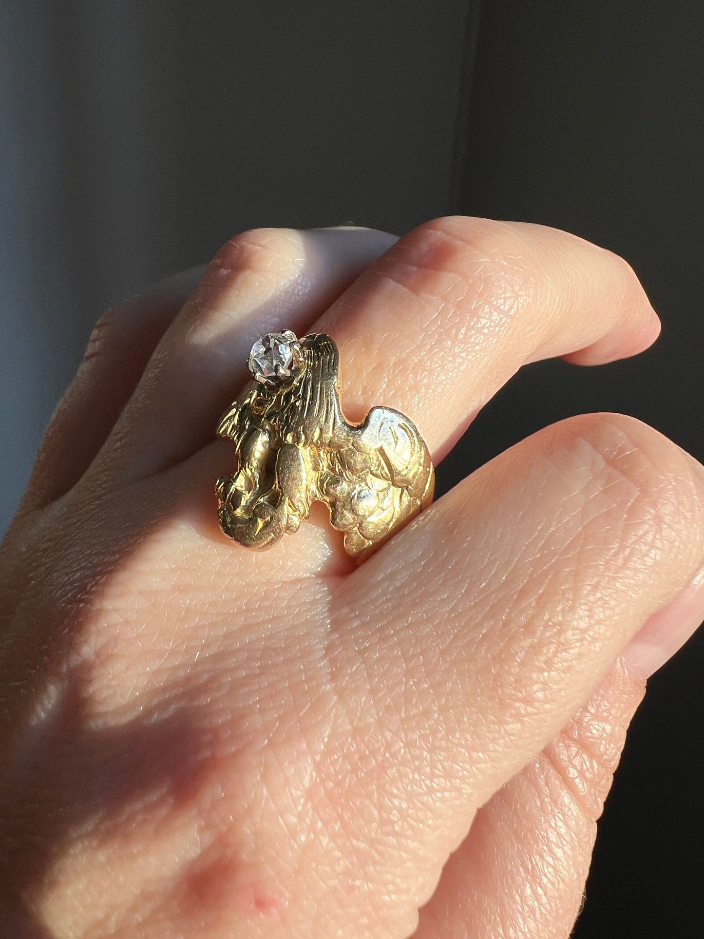 EAGLE French ANTIQUE Art Nouveau .45 Carat Old Mine Cut DIAMOND Heavy 12.4g 18k Gold Ring Courage Strength Figural Animal Romantic Gift OmC