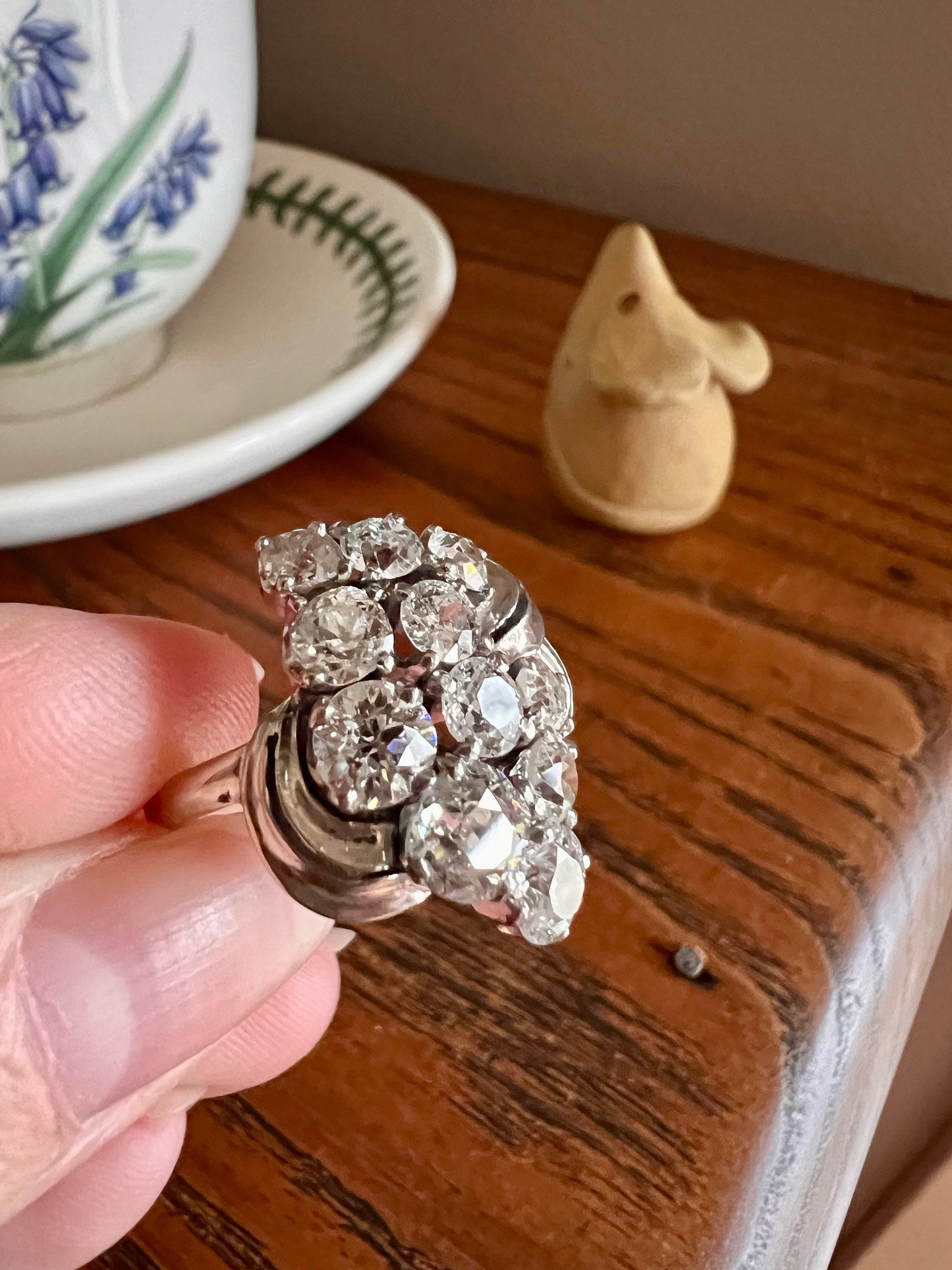 CHUNKY Retro 3.1 Carats Old European & Old Mine Cut DIAMOND Cluster Ring 7.5g 18k White GOLD Swirl Shoulders Vintage Antique Art Deco 3.1Ctw