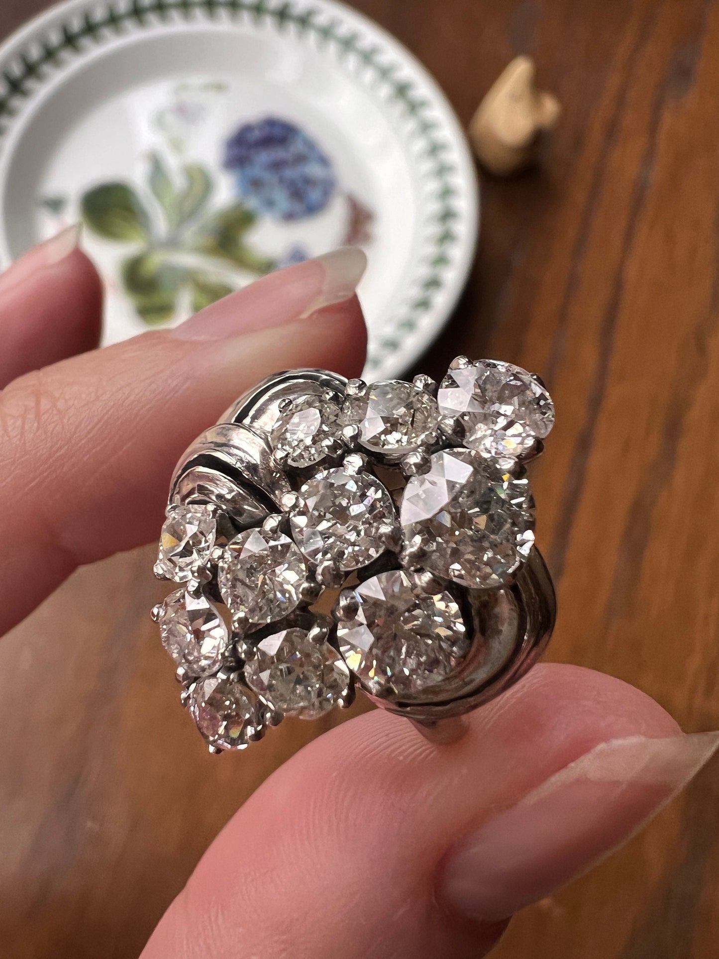 CHUNKY Retro 3.1 Carats Old European & Old Mine Cut DIAMOND Cluster Ring 7.5g 18k White GOLD Swirl Shoulders Vintage Antique Art Deco 3.1Ctw