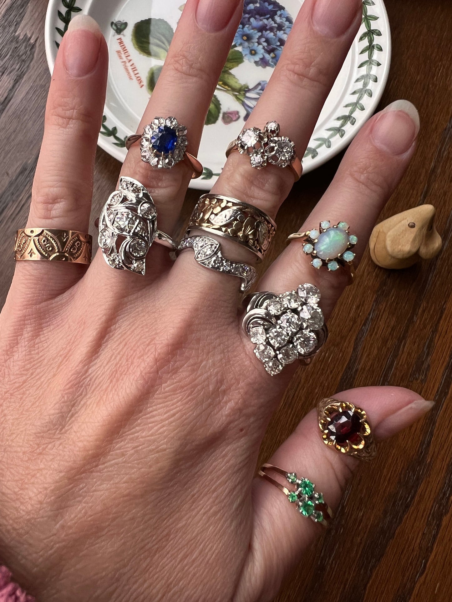 French ANTIQUE 18k Rose Gold Green Paste Faux Emerald Double Band Ring Stacker Romantic Gift Six Stone Linear Victorian Belle Epoque