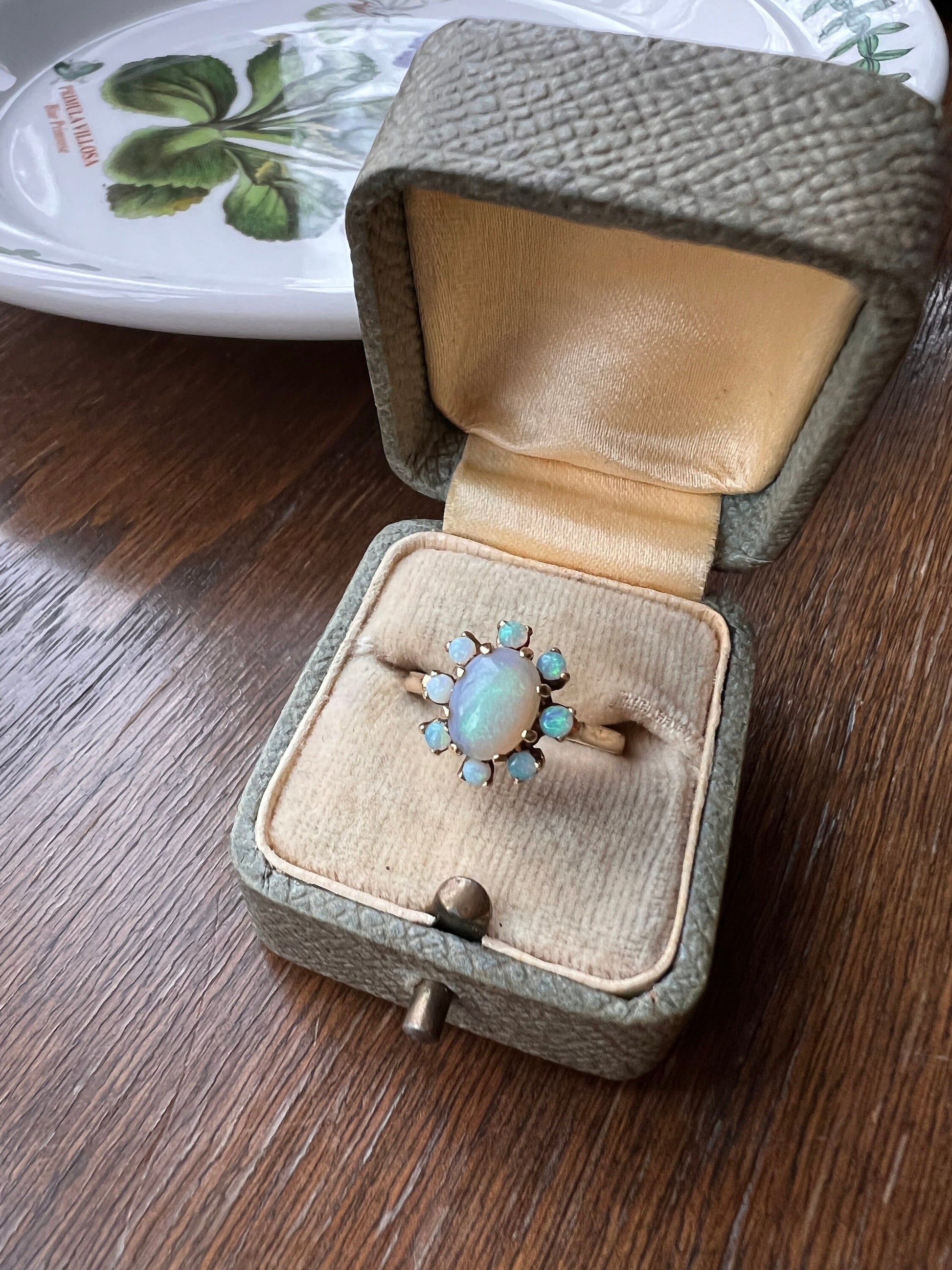 Blue OPAL w/ Halo Vintage to Art Deco Cluster Ring 14k Gold Glowing Orb Iridescent Green Pink Bauble Great Color Sheen Romantic Gift Stacker