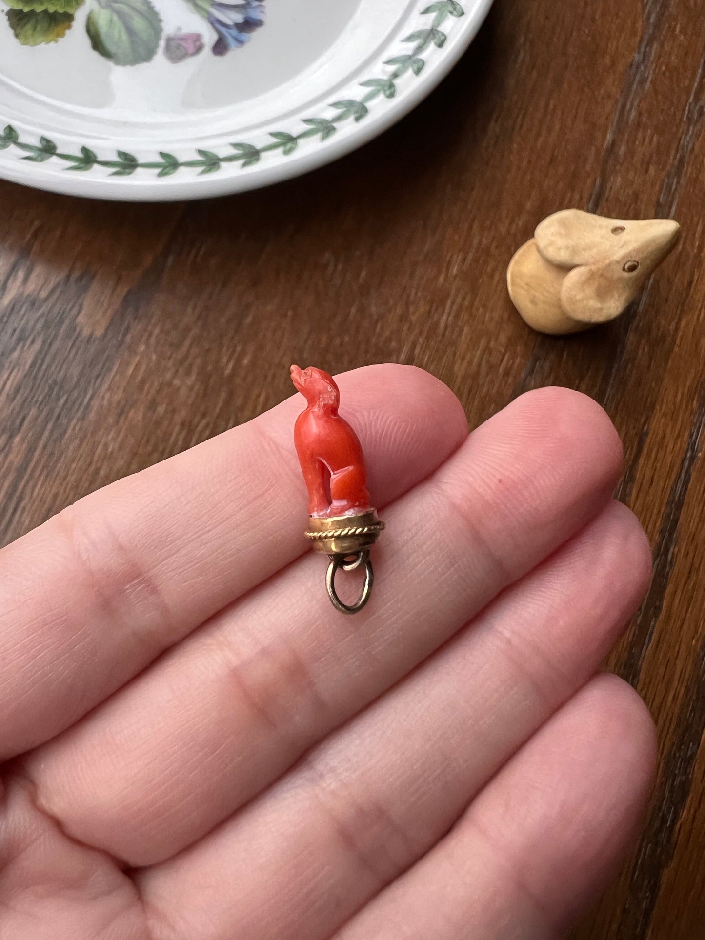DOG Teeny Tiny French Antique Coral Charm Pendant Victorian 18k Gold Salmon Orange Faithful Hunting Hound Oaak Gift One of a Kind Figural