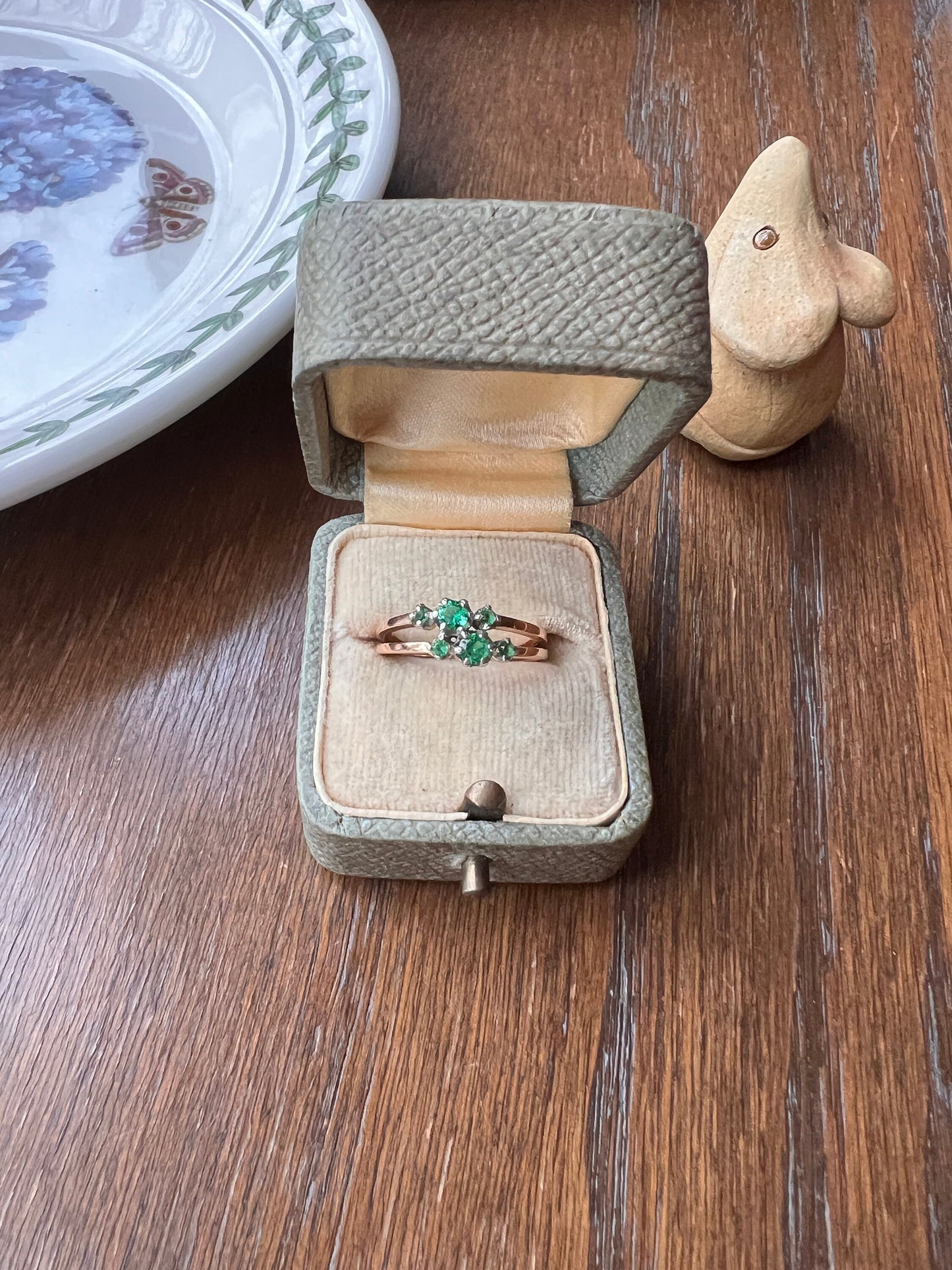 French ANTIQUE 18k Rose Gold Green Paste Faux Emerald Double Band Ring Stacker Romantic Gift Six Stone Linear Victorian Belle Epoque