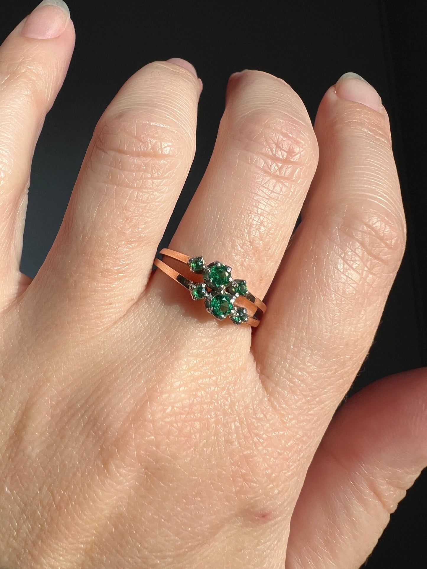 French ANTIQUE 18k Rose Gold Green Paste Faux Emerald Double Band Ring Stacker Romantic Gift Six Stone Linear Victorian Belle Epoque