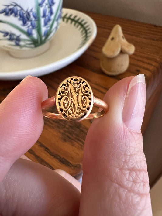Antique INITIAL Ring Letter M W French 18k Gold Ring Oval Scrolled Romantic Gift Stacker Monogram Openwork Reticulated Ornate Hand Engraved