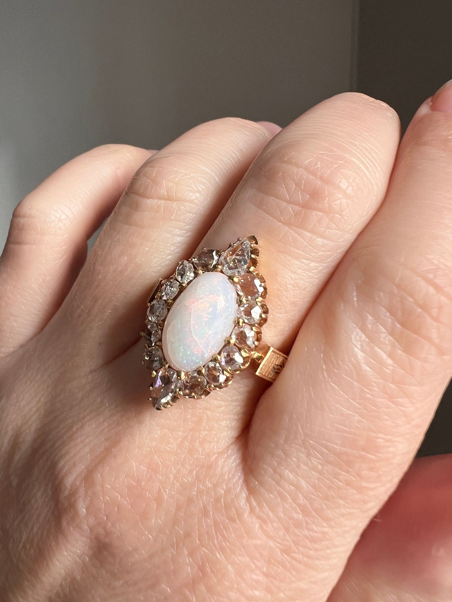 PEAR 1 Carat Rose Cut Diamond Halo Large OPAL French Antique Belle Epoque Ring 18k Gold Gift Belle Epoque Art Nouveau Ornate Romantic Gift