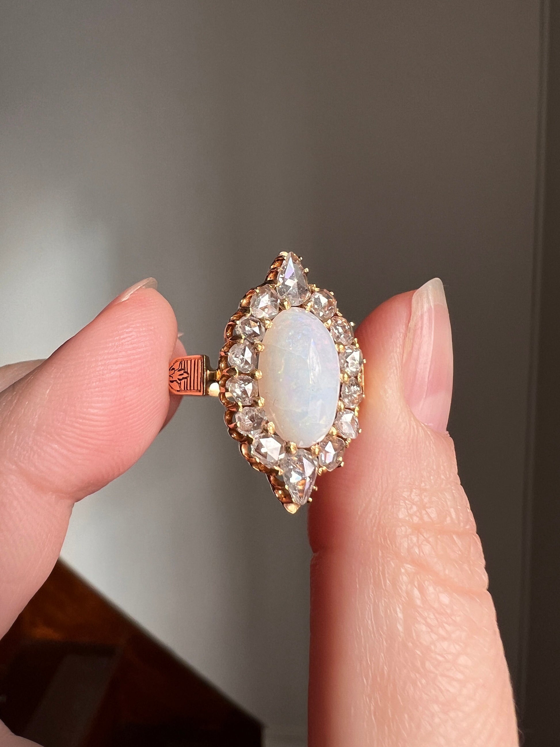 PEAR 1 Carat Rose Cut Diamond Halo Large OPAL French Antique Belle Epoque Ring 18k Gold Gift Belle Epoque Art Nouveau Ornate Romantic Gift