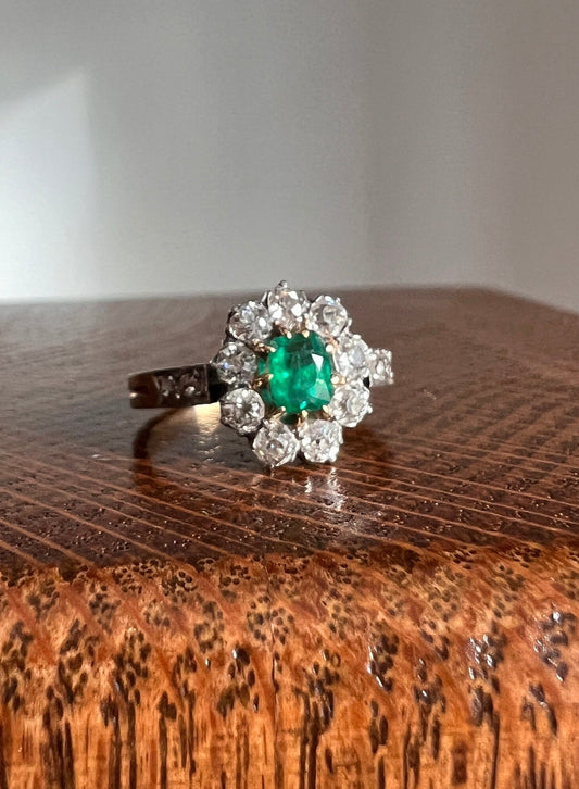 French Antique Natural EMERALD .6Ctw Old Mine Cut Rose DIAMOND Halo Ring 18k Gold Green Belle Epoque Art Nouveau Edwardian Romantic Gift OMC
