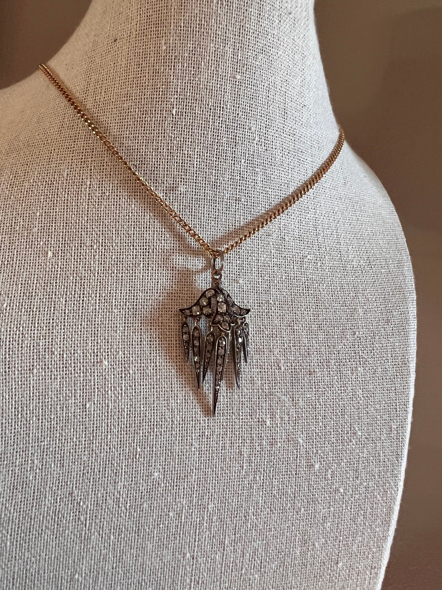 FRINGE Floral Antique Old Mine Cut DIAMOND Dangle Pendant 18k Rose Gold Silver Victorian 3D Encrusted Unique Movement Neckmess Neckstack