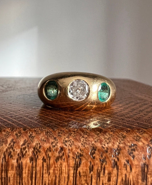 Heavy EMERALD Gypsy Ring 14.6g 18k Gold .6 Carat Transitional Cut DIAMOND French Antique Chunky Stacker Art Deco Belle Epoque Unisex Man OeC