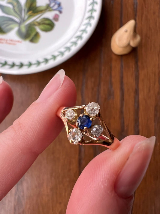 CRUCIFORM Natural Sapphire Four Old Mine Cut DIAMOND Ring French Antique 18k Rose Gold Geometric Stacker Belle Epoque Romantic Gift OMC Plus