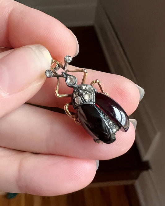 BUG Large GARNET Wings Rose Cut Diamond French Antique Victorian Figural Pendant 18k Gold Silver Figural Unique Gift Glossy Carbuncle Beetle
