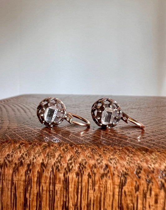 TABLE Cut DIAMOND Antique GEORGIAN French Dormeuse Earrings 18k Gold Foiled Collets Fleur De Lis Crown Prongs Ornate Bridal Something Old