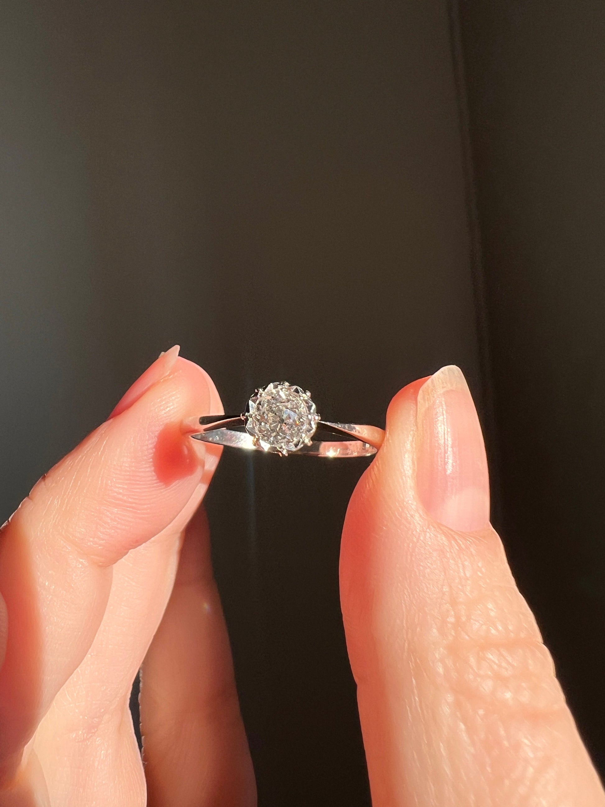 Starburst Antique .45ct Old Mine Cut DiAMOND Ring 18k White GOLD Solitaire Buttercup Belle Epoque Edwardian Art Deco OmC Stacker Love Gift