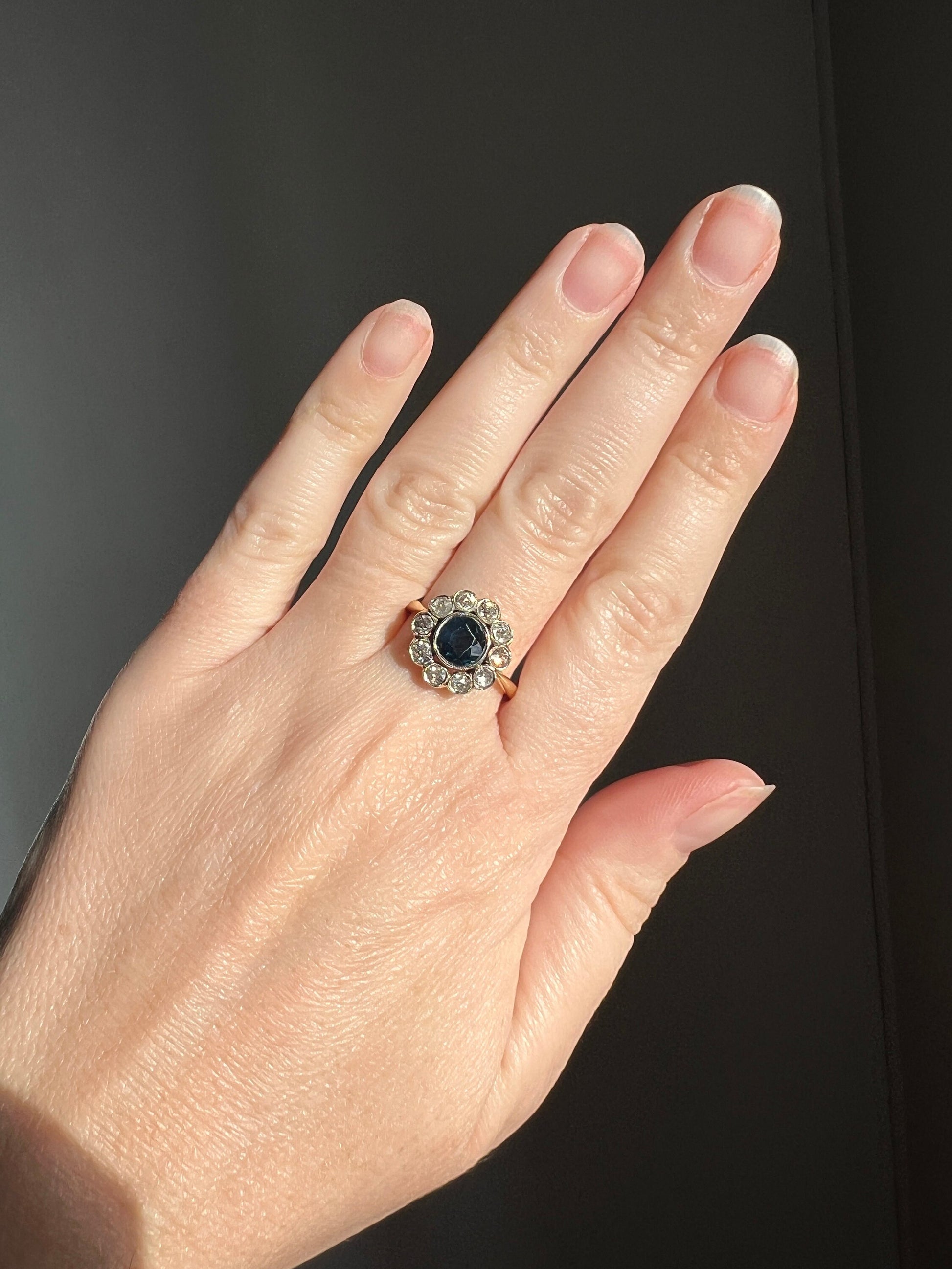 Natural SAPPHIRE French ANTIQUE .6 Ct Old Mine Cut DIAMOND Halo Ring 18k Gold Platinum Blue Green Round Victorian Belle Epoque Stacker OmC