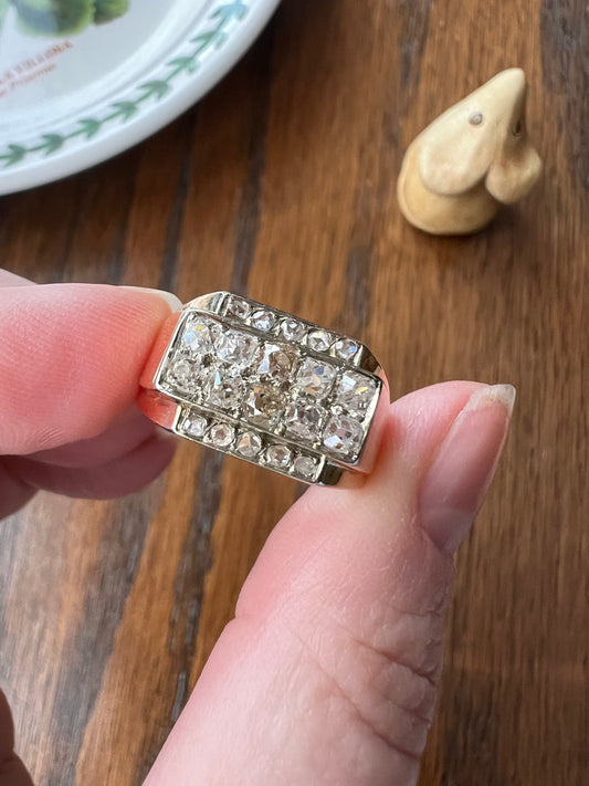 Rectangular French Antique Rose Cut CHAMPAGNE Old Mine Cut DIAMOND Chunky TANK Ring 18k Rose Gold Tall Geometric Rectangle Art Deco Glow Omc