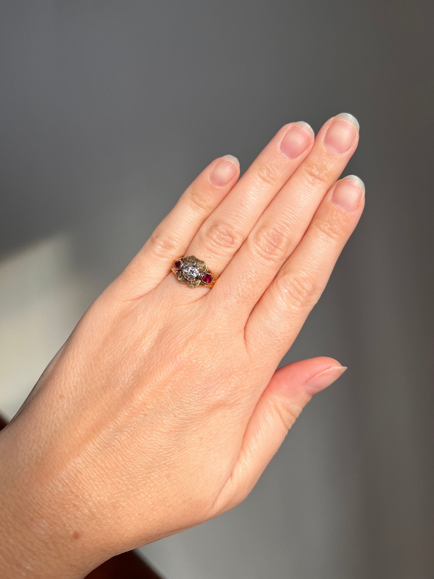 Old Mine Cut DIAMOND Ruby Collet Set Victorian ANTIQUE French Ring 18k Gold Engraved Shield Ornate Red Romantic Gift Square Stacker OmC Pink