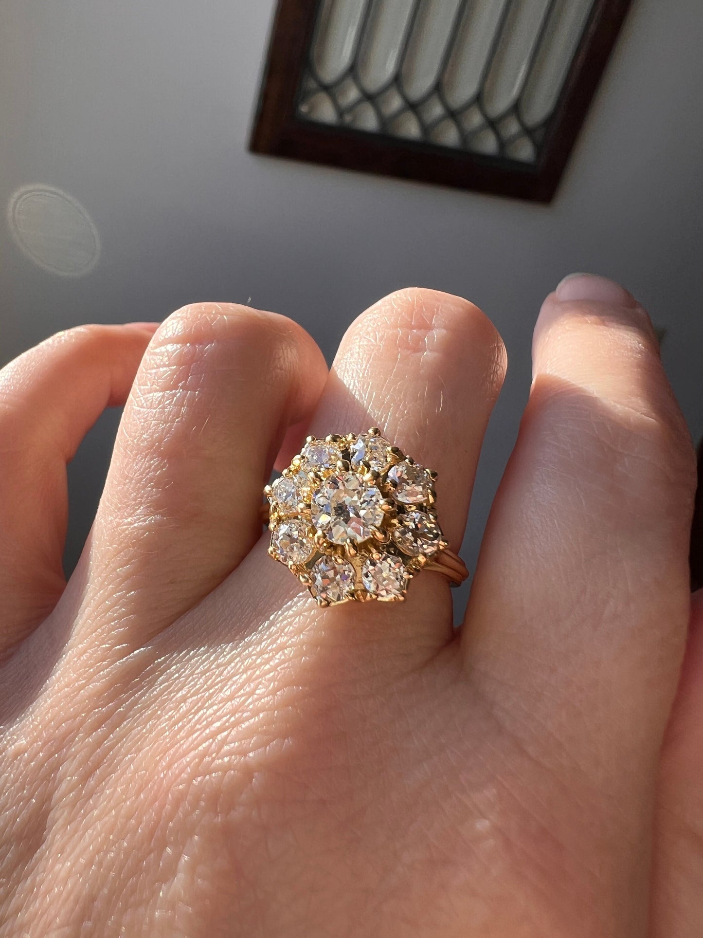 Tall ANTIQUE 1.8 Carat 9 Old Mine Cut DIAMOND Daisy Cluster Ring 18k Yellow Gold French Antique Belle Epoque Romantic Gift OmC Omc 1.8 Tdw