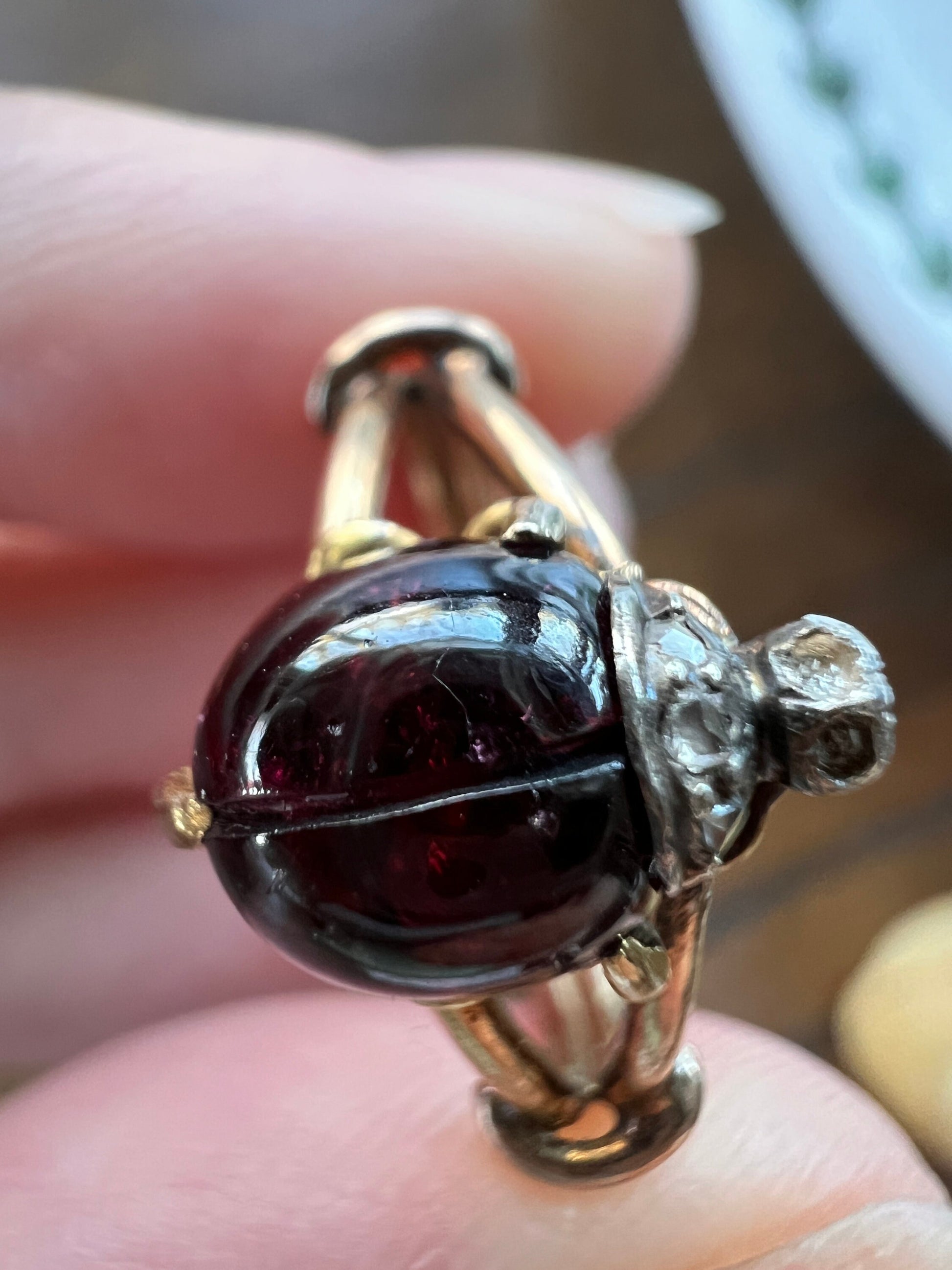 LADYBUG Garnet Rose Cut DIAMOND French Antique Figural Ring 18k Gold Good Luck Gift Lucky Stacker Figural Bug Red 3D Unique Whimsical Glow