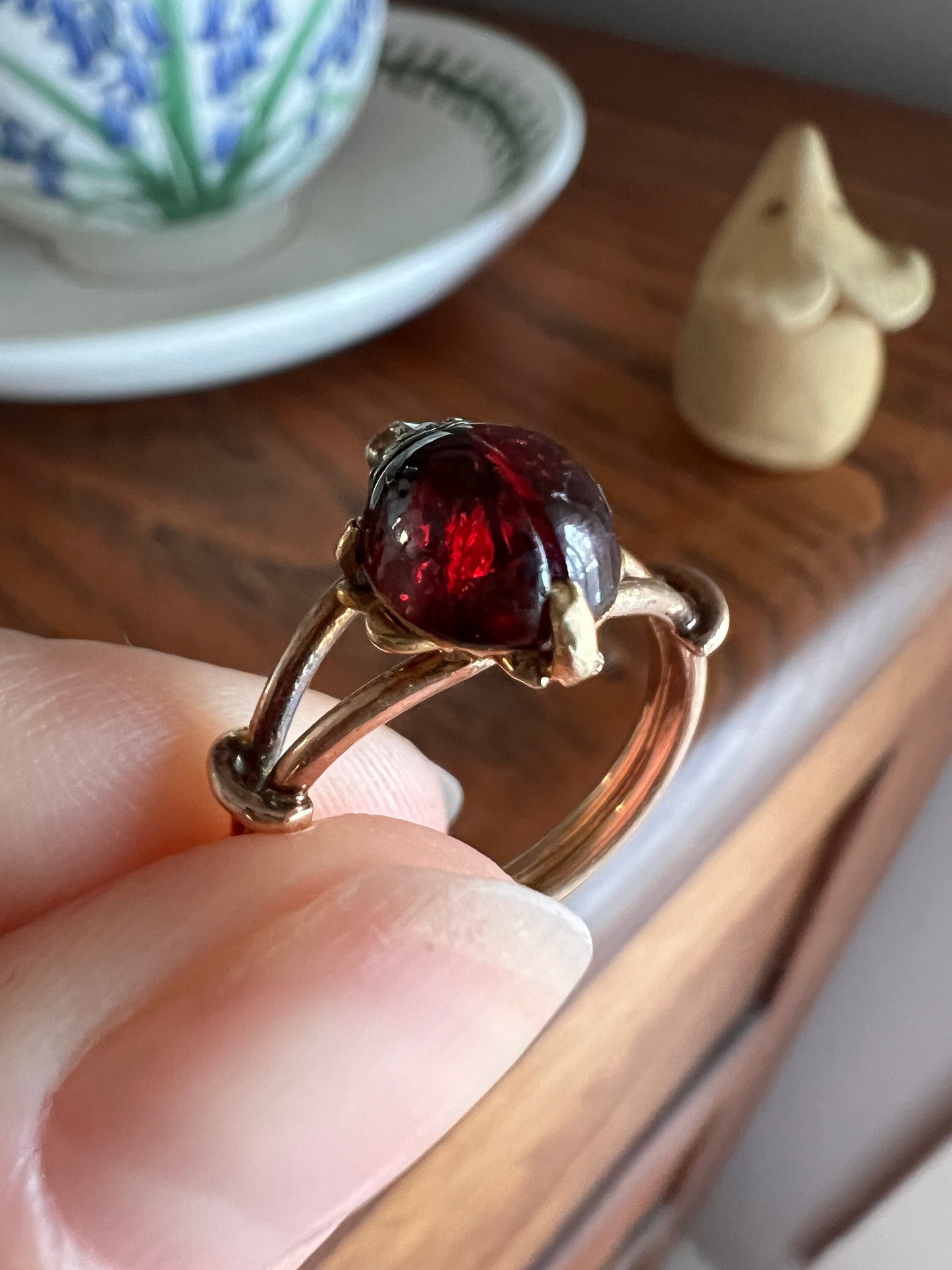 LADYBUG Garnet Rose Cut DIAMOND French Antique Figural Ring 18k Gold Good Luck Gift Lucky Stacker Figural Bug Red 3D Unique Whimsical Glow