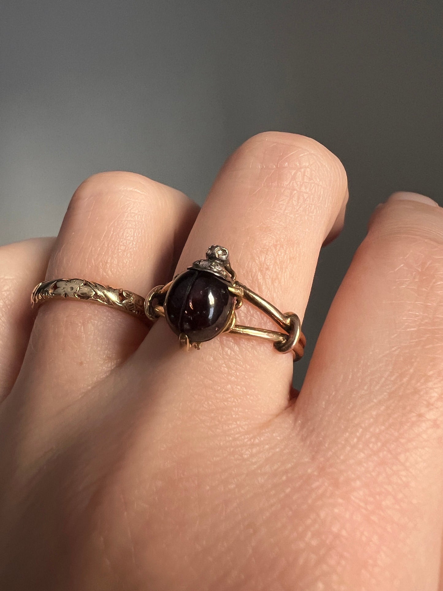 LADYBUG Garnet Rose Cut DIAMOND French Antique Figural Ring 18k Gold Good Luck Gift Lucky Stacker Figural Bug Red 3D Unique Whimsical Glow