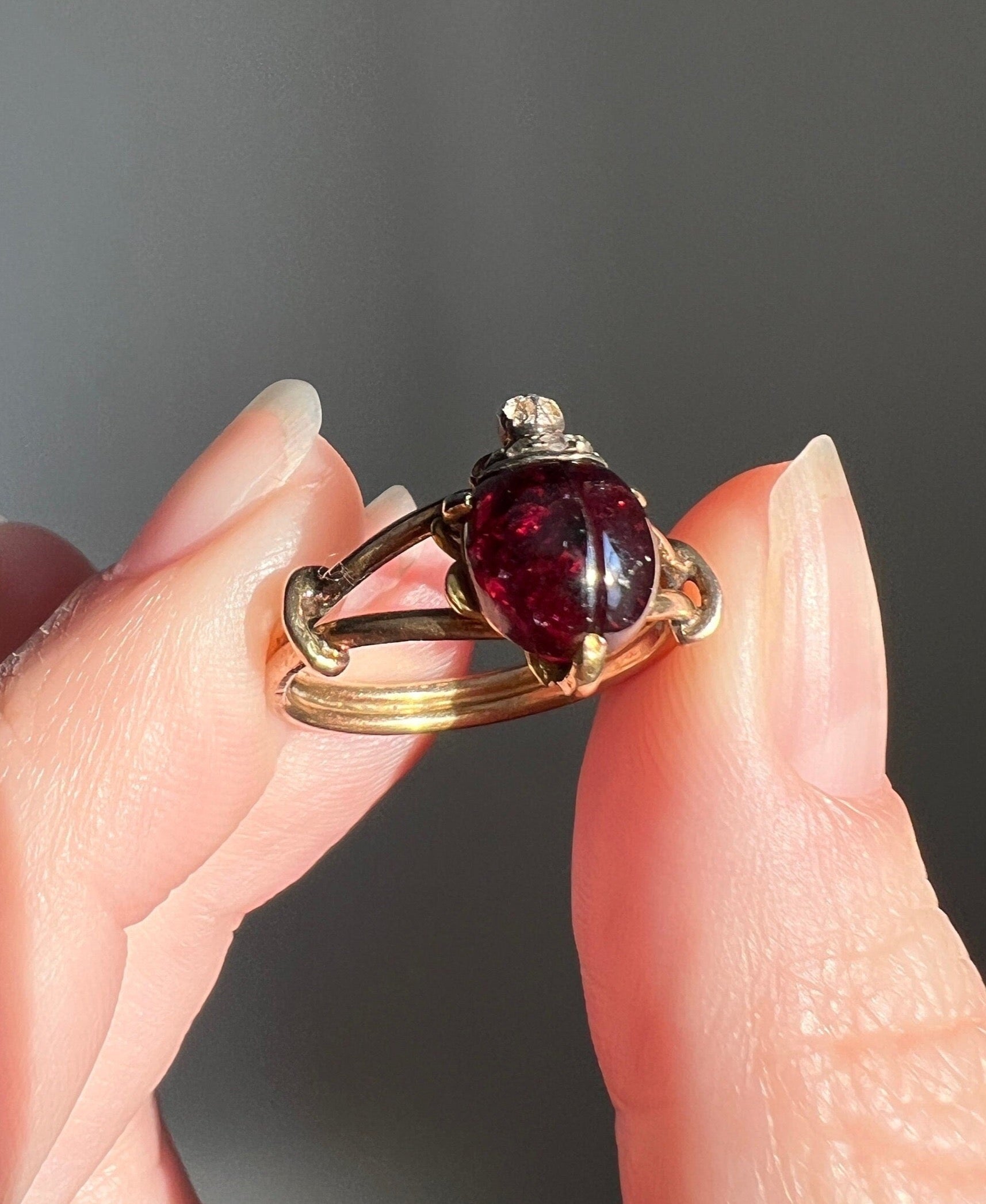 LADYBUG Garnet Rose Cut DIAMOND French Antique Figural Ring 18k Gold Good Luck Gift Lucky Stacker Figural Bug Red 3D Unique Whimsical Glow